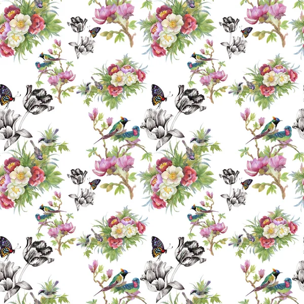 Watercolor Flowers Birds Butterflies Seamless Pattern — Stock Photo, Image