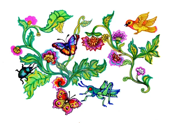 Sulu Boya Çiçekler Böcekler Çizim Ile — Stok fotoğraf