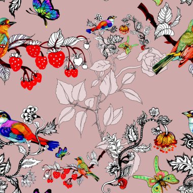 sulu boya parlak kuşlar ve kelebekler meyve dalları ve çiçekler