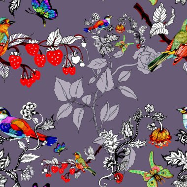 sulu boya parlak kuşlar ve kelebekler meyve dalları ve çiçekler