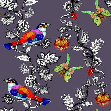 sulu boya parlak kuşlar ve kelebekler çiçek
