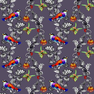 sulu boya parlak kuşlar ve kelebekler çiçek