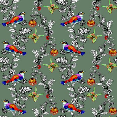 sulu boya parlak kuşlar ve kelebekler çiçek