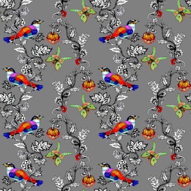 sulu boya parlak kuşlar ve kelebekler çiçek