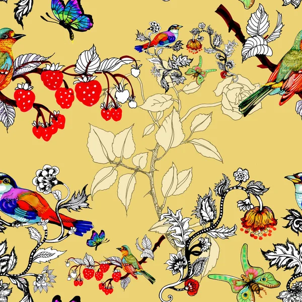 Sulu Boya Parlak Kuşlar Kelebekler Meyve Dalları Çiçekler — Stok fotoğraf