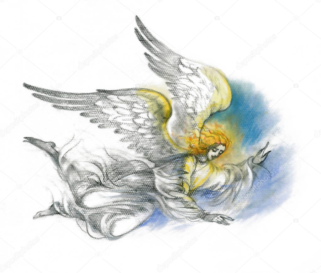 Merry Christmas and New Year Greeting Card with Beautiful Angel with Wings, Watercolor Illustration
