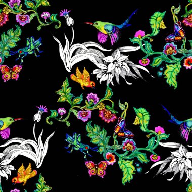 sulu boya parlak kuşlar ve kelebekler çiçek