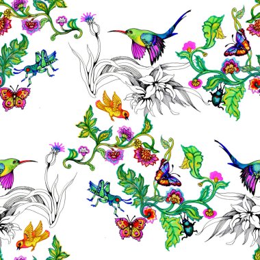 sulu boya parlak kuşlar ve kelebekler çiçek