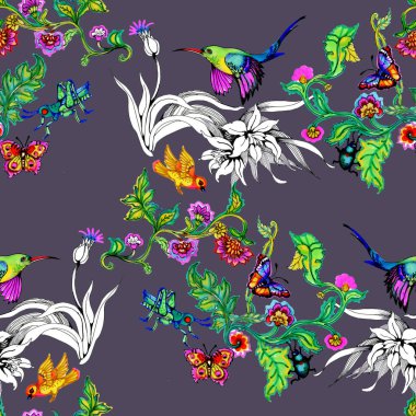 sulu boya parlak kuşlar ve kelebekler çiçek