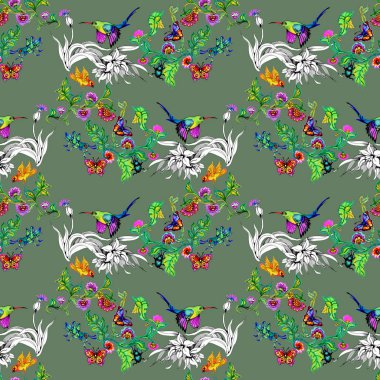 sulu boya parlak kuşlar ve kelebekler çiçek