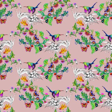 sulu boya parlak kuşlar ve kelebekler çiçek