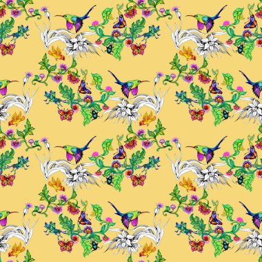 sulu boya parlak kuşlar ve kelebekler çiçek