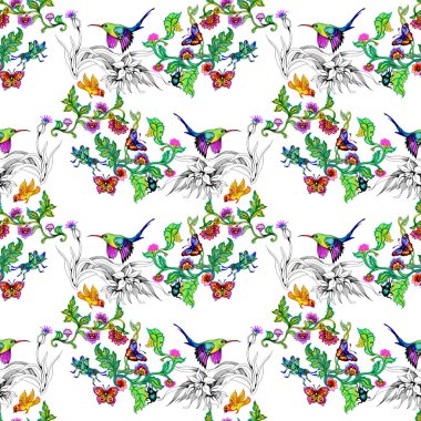 sulu boya parlak kuşlar ve kelebekler çiçek