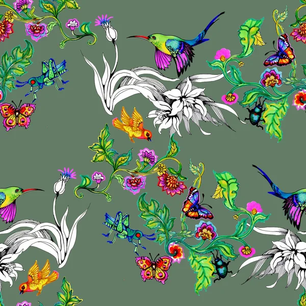 Aquarela Pássaros Brilhantes Borboletas Flores — Fotografia de Stock