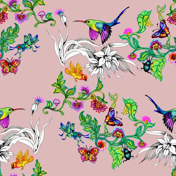sulu boya parlak kuşlar ve kelebekler çiçek