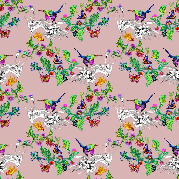 Acuarela Pájaros Brillantes Mariposas Flores — Foto de Stock
