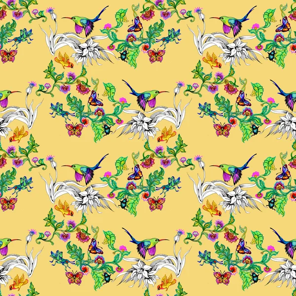sulu boya parlak kuşlar ve kelebekler çiçek