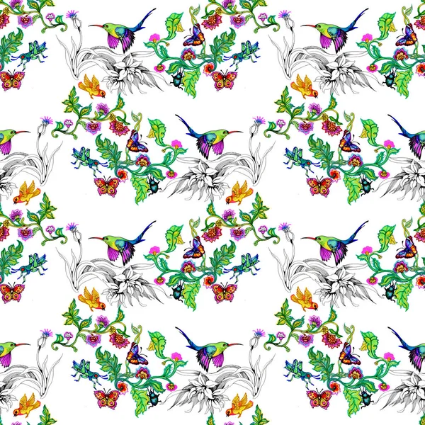Aquarel Heldere Vogels Vlinders Bloemen — Stockfoto