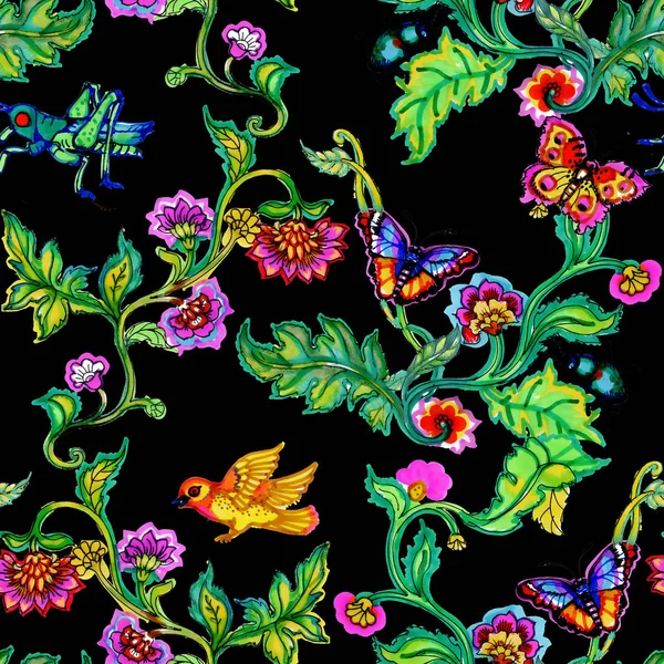Akvarelu Světlé Ptáci Motýli Květech — Stock fotografie