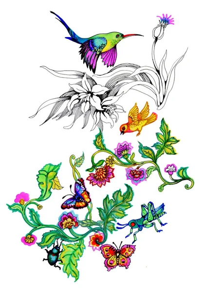 Akwarela Rysunek Ptaków Gałęzi Kwiatami Ilustracja Białym Tle — Zdjęcie stockowe