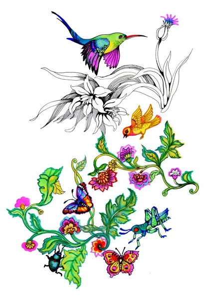 Aves Desenho Aquarela Ramo Com Flores Ilustração Desenhada Mão Isolada — Fotografia de Stock