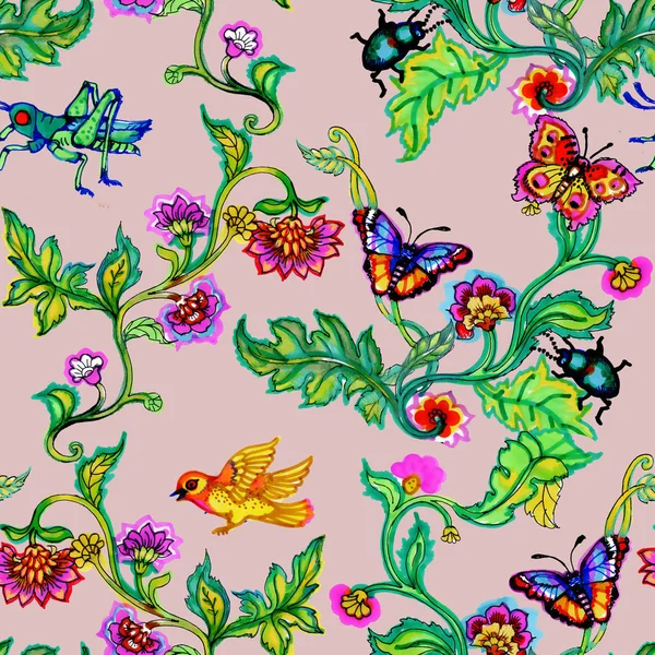 Akvarell Ljusa Fåglar Och Fjärilar Blommor — Stockfoto