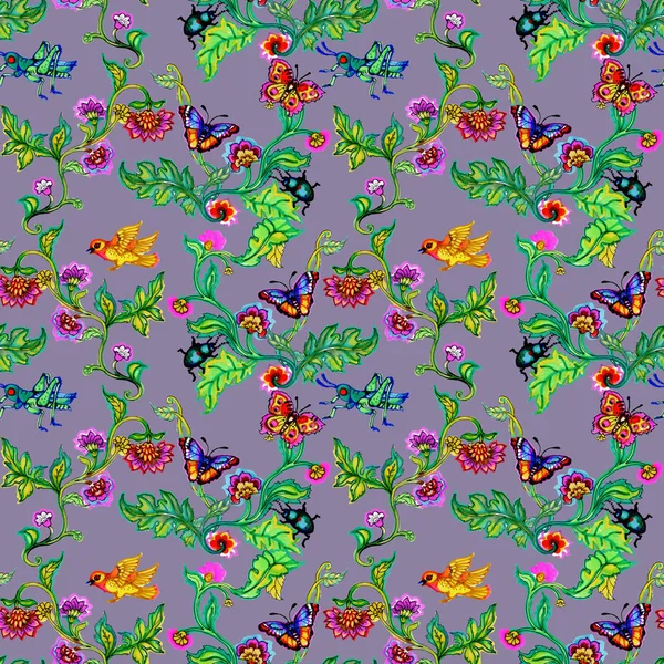 Akvarell Ljusa Fåglar Och Fjärilar Blommor — Stockfoto