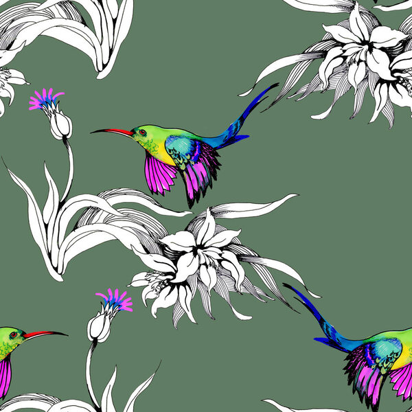 watercolor illustration with humming-birds in blooming garden