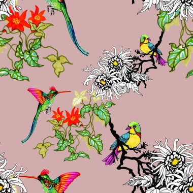 Suluboya el çekilmiş Dikişsiz desen beyaz çiçekler ve renkli kuşlar 