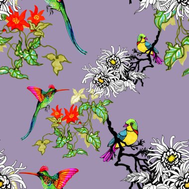 Suluboya el çekilmiş Dikişsiz desen beyaz çiçekler ve renkli kuşlar 