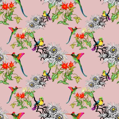 Suluboya el çekilmiş Dikişsiz desen beyaz çiçekler ve renkli kuşlar 