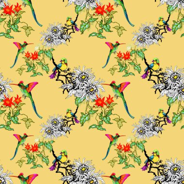 Suluboya el çekilmiş Dikişsiz desen beyaz çiçekler ve renkli kuşlar 