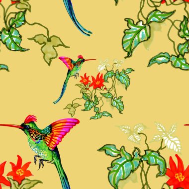 Suluboya el çekilmiş Dikişsiz desen beyaz çiçekler ve renkli kuşlar 