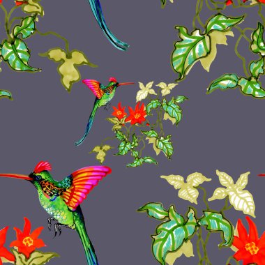 Suluboya el çekilmiş Dikişsiz desen beyaz çiçekler ve renkli kuşlar 