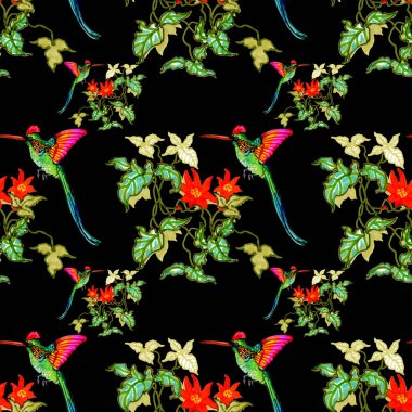 Suluboya el çekilmiş Dikişsiz desen beyaz çiçekler ve renkli kuşlar 