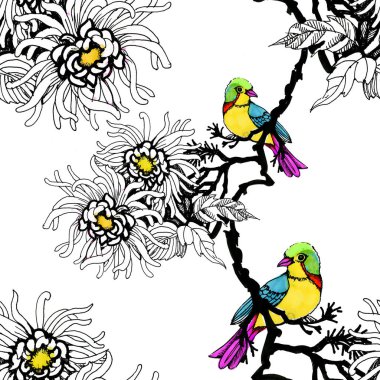 Suluboya el çekilmiş seamless modeli güzel renkli çiçekler ve kuşlar