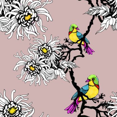 Suluboya el çekilmiş seamless modeli güzel renkli çiçekler ve kuşlar