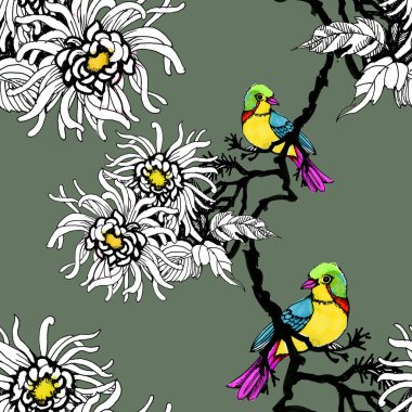 Suluboya el çekilmiş seamless modeli güzel renkli çiçekler ve kuşlar