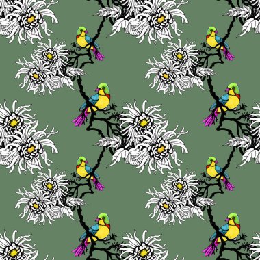 Suluboya el çekilmiş seamless modeli güzel renkli çiçekler ve kuşlar