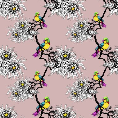 Suluboya el çekilmiş seamless modeli güzel renkli çiçekler ve kuşlar