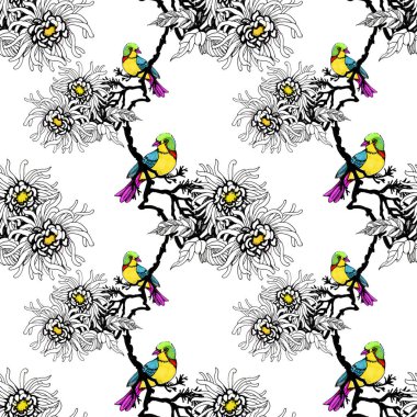Suluboya el çekilmiş seamless modeli güzel renkli çiçekler ve kuşlar