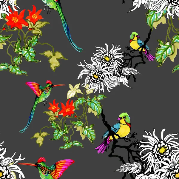 白い花とカラフルな鳥水彩手描き下ろしシームレス パターン — ストック写真