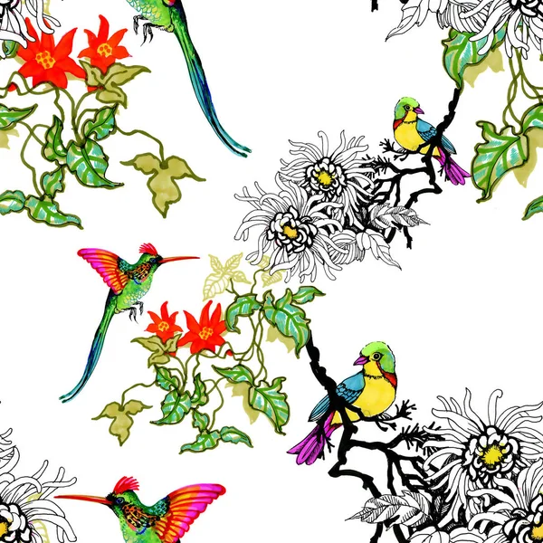 Aquarell Handgezeichnetes Nahtloses Muster Mit Weißen Blumen Und Bunten Vögeln — Stockfoto