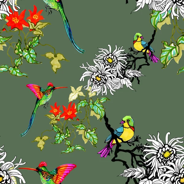 Suluboya el çekilmiş Dikişsiz desen beyaz çiçekler ve renkli kuşlar 