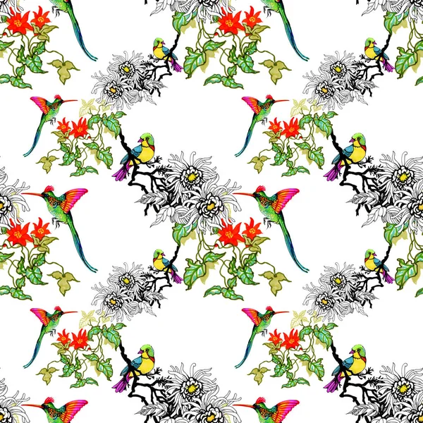 Watercolor Hand Drawn Seamless Pattern White Flowers Colorful Birds — Stock Photo, Image