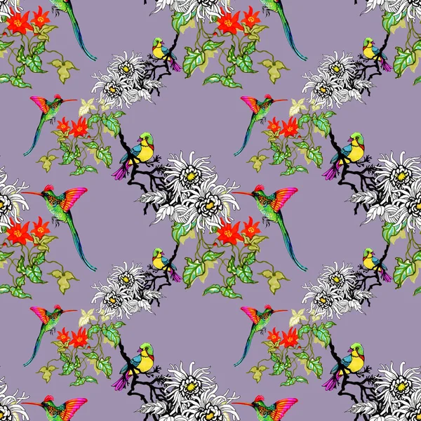 Watercolor Hand Drawn Seamless Pattern White Flowers Colorful Birds — Stock Photo, Image