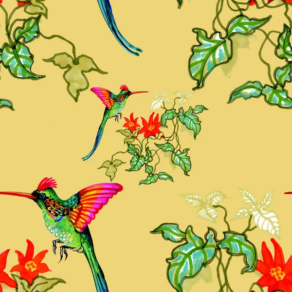 Suluboya el çekilmiş Dikişsiz desen beyaz çiçekler ve renkli kuşlar 