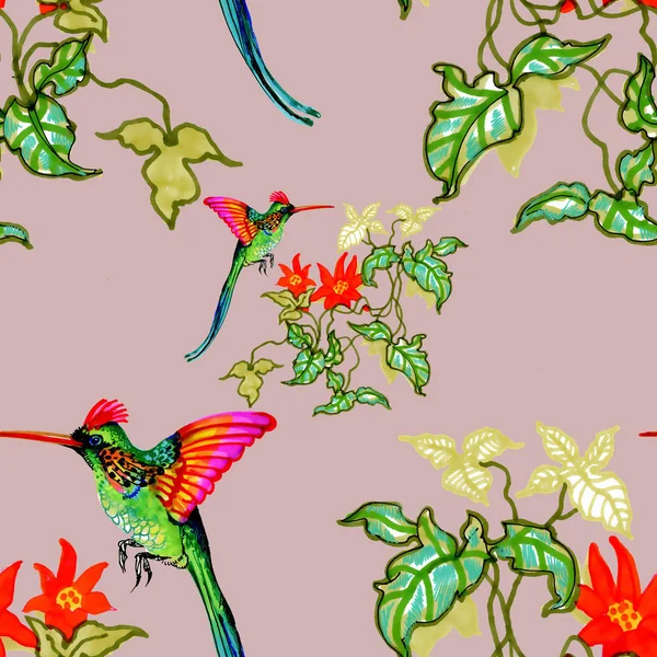 Padrão Sem Costura Desenhado Mão Aquarela Com Flores Brancas Pássaros — Fotografia de Stock
