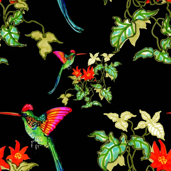 Suluboya el çekilmiş Dikişsiz desen beyaz çiçekler ve renkli kuşlar 