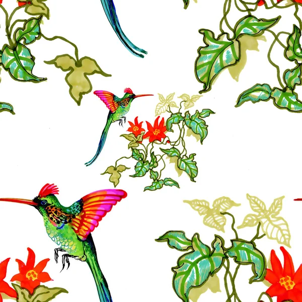 Watercolor Hand Drawn Seamless Pattern White Flowers Colorful Birds — Stock Photo, Image